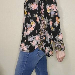 Free People black floral button up floral top